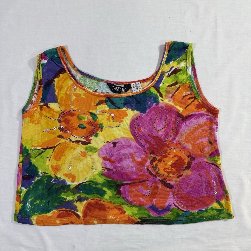 90s Take Two Top Sz XL Multicolor Floral Tank Sequins Vibrant Tropical Y2K